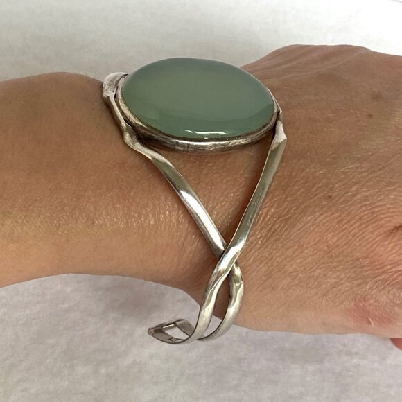 Sterling Silver 925 Large Oval Green Chalcedony Split Band Cuff Bracelet Sz 8" - Picture 16 of 16